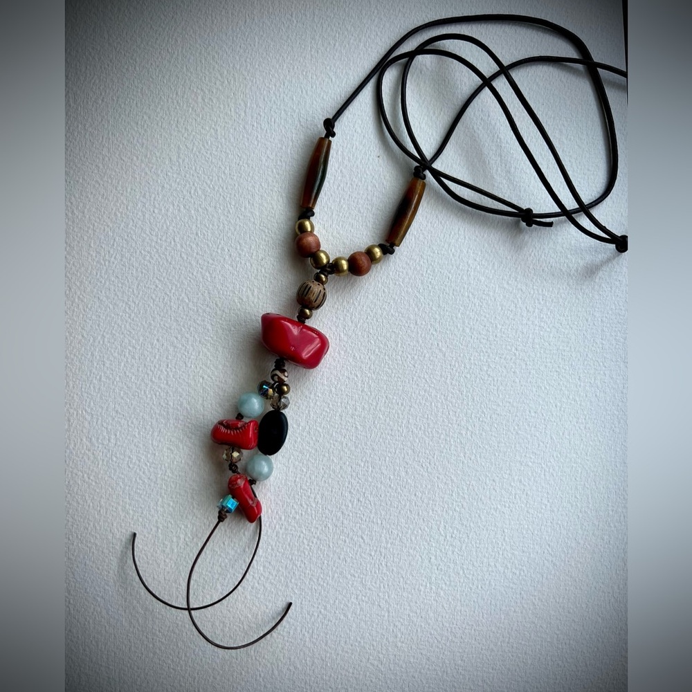 Boho Red Coral Leather Necklace handcrafted
